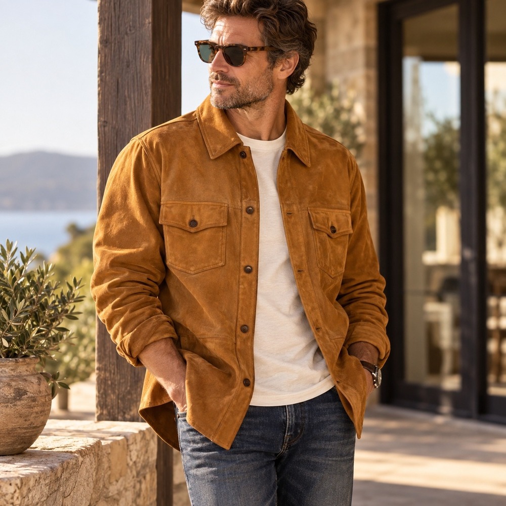 Tommy Bahama Sample 100% Leather Suede Shirt Jacket Shacket Brown L